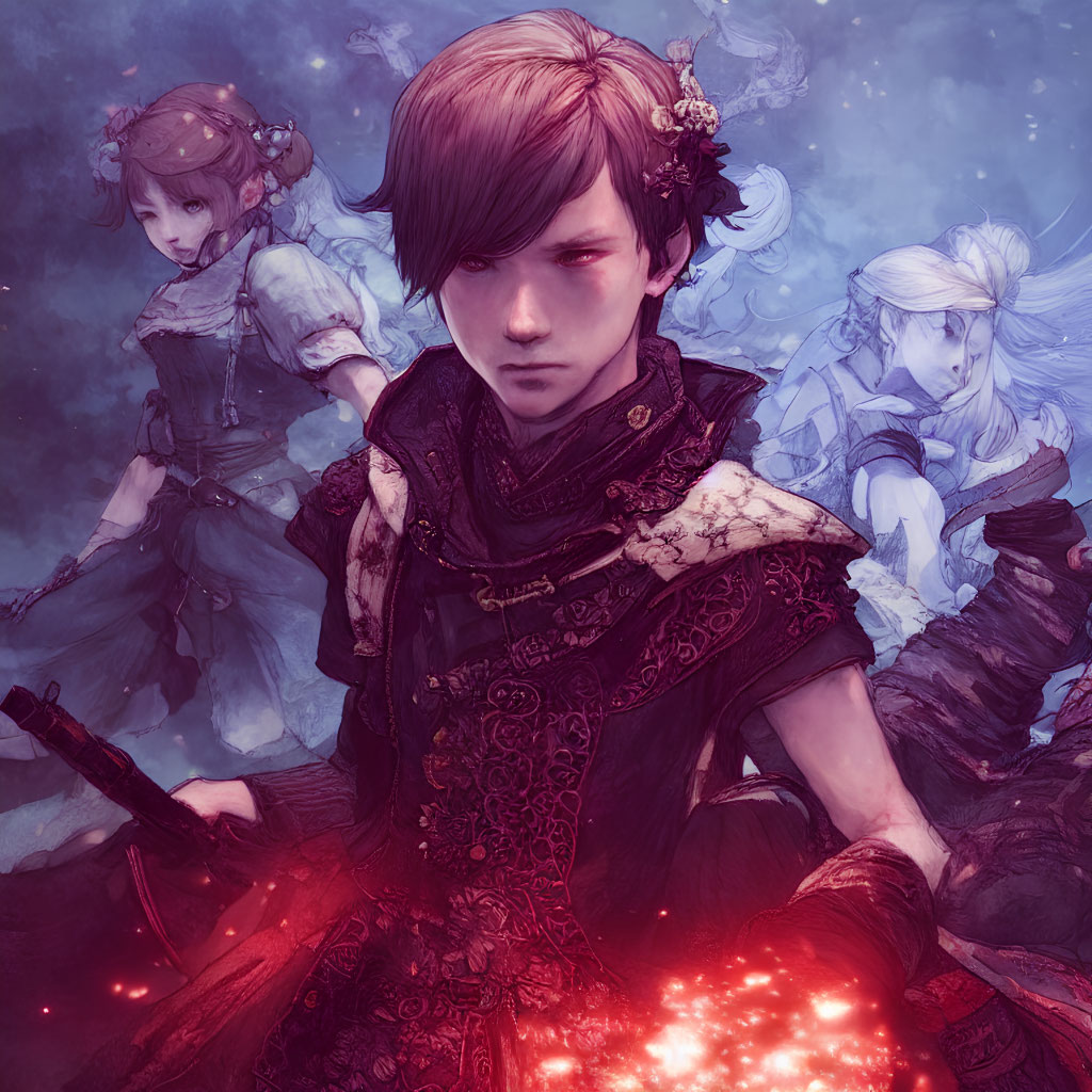Young warrior with sword in mystical crimson glow, flanked by ethereal figures in dark fantasy setting