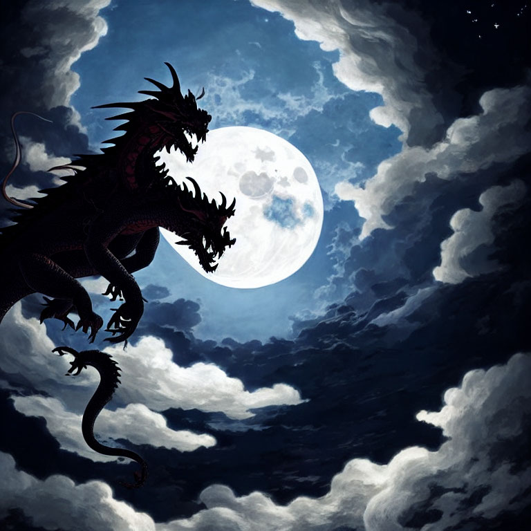 Black Dragon Silhouetted Against Luminous Full Moon