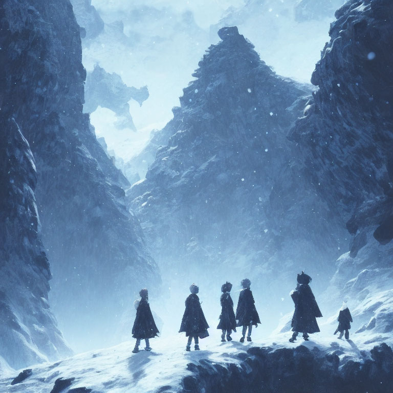 Cloaked figures in snowy mountain pass in serene winter scene