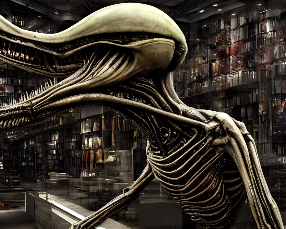Detailed biomechanical alien with long skull and ribcage in futuristic lab.