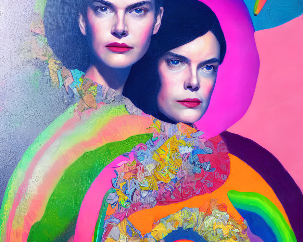 Colorful twin portrait with intense gazes and rainbow-themed clothing