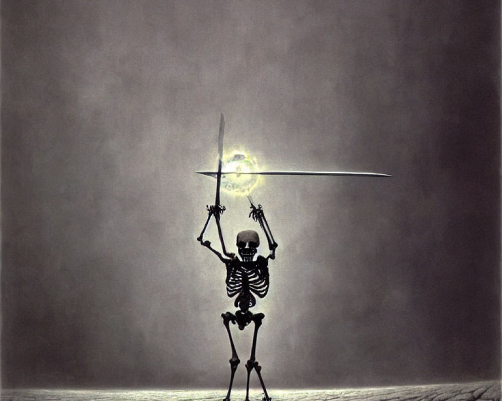 Skeleton with Sword Under Full Moon in Desolate Landscape