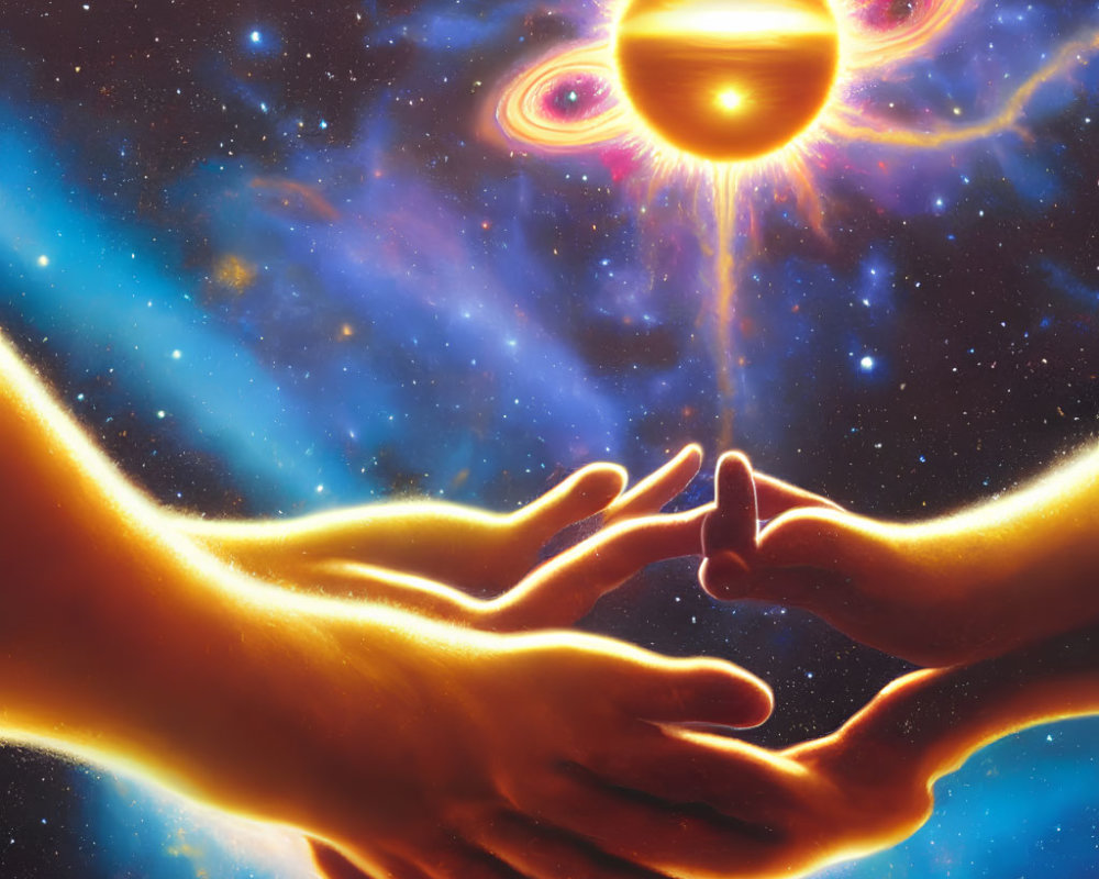 Interlocking Hands with Cosmic Background and Sun Symbol