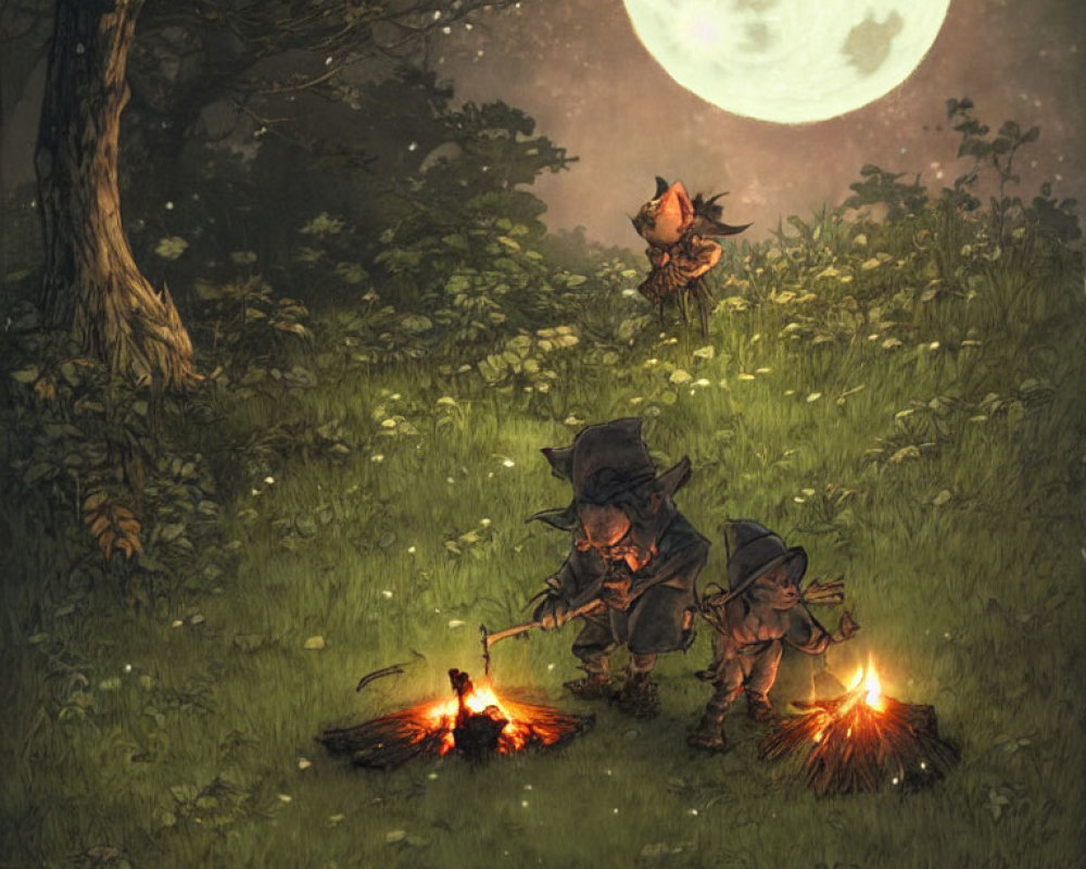 Fantasy characters by small fires in moonlit forest.
