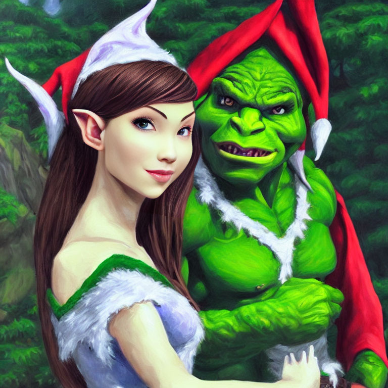 Fantasy illustration of female elf and green-skinned creature in forest