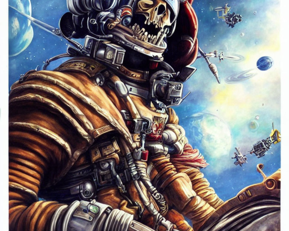 Skeletal astronaut in space suit with cosmic backdrop and planets.