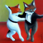 Anthropomorphic Cats Dancing in Painting on Red and Green Background