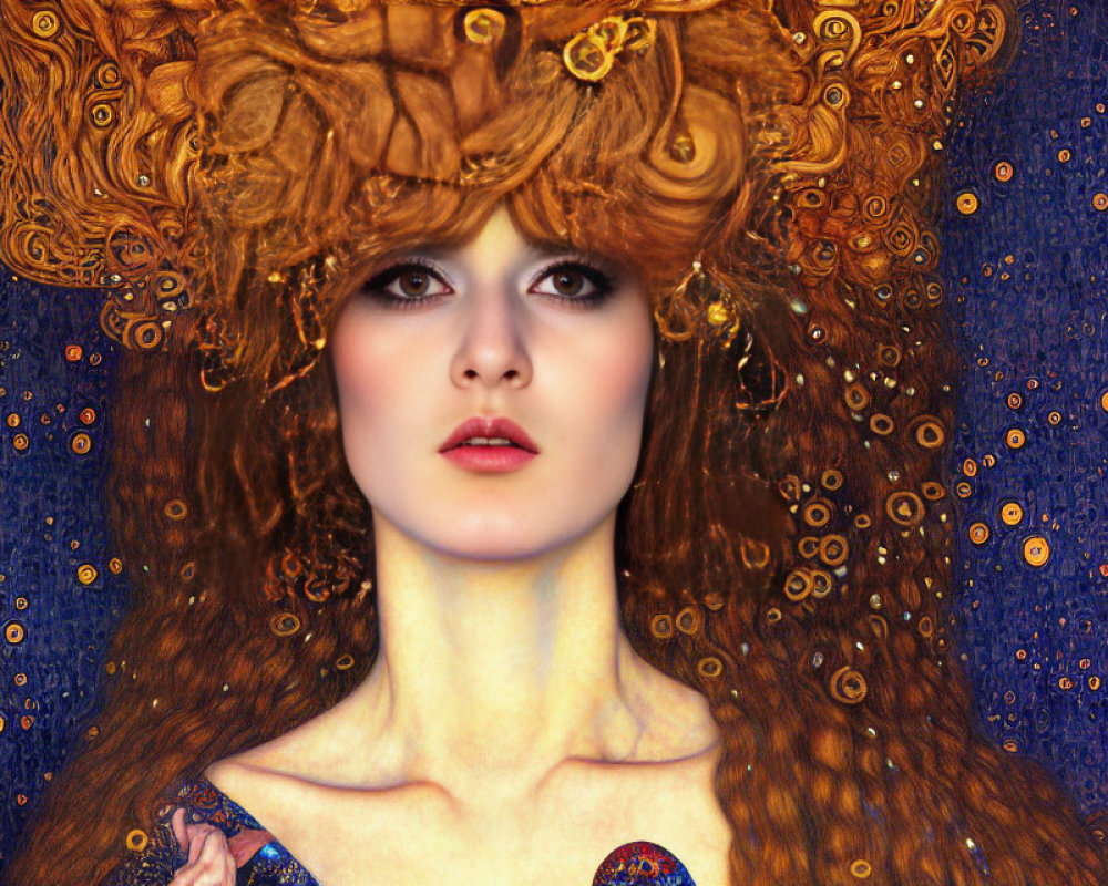 Elaborate Ginger Hair with Gold Adornments on Starry Blue Background