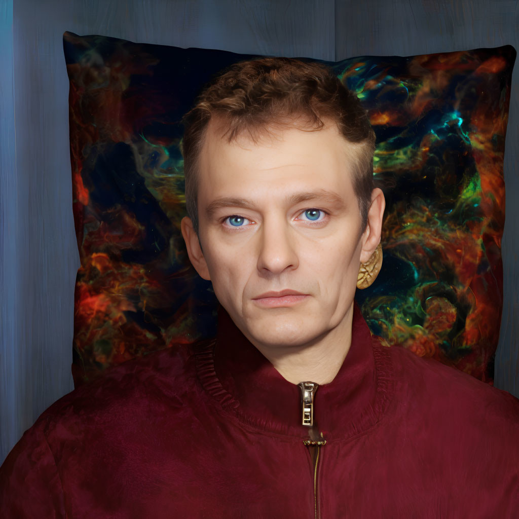 Blue-eyed man in burgundy top with cosmic pillow