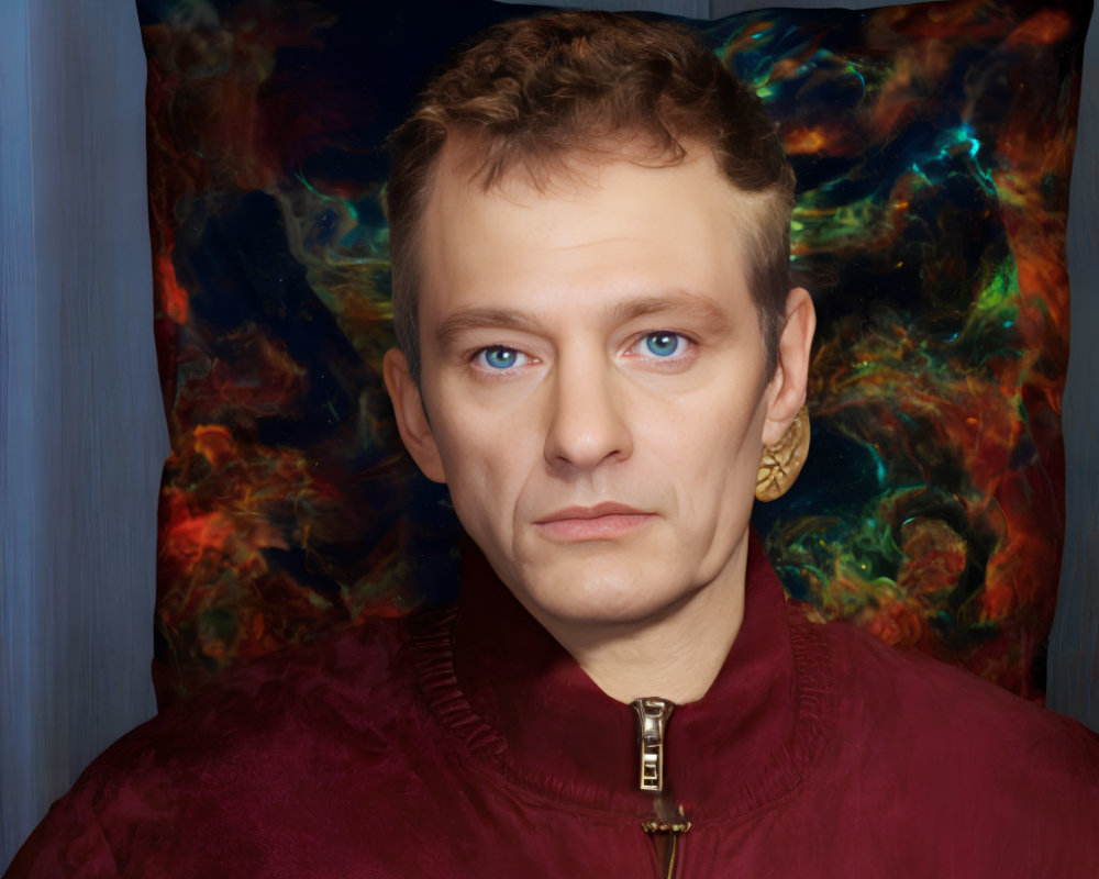 Blue-eyed man in burgundy top with cosmic pillow