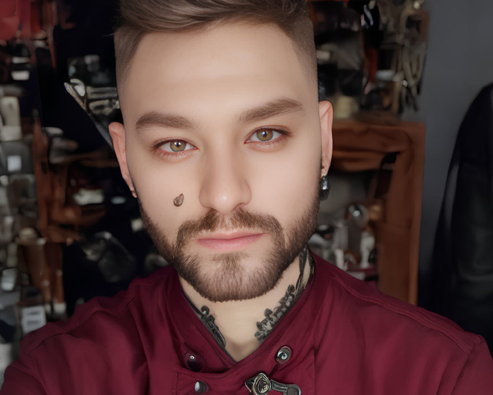 Stylish man with piercings in maroon shirt and necklace in front of blurred equipment.
