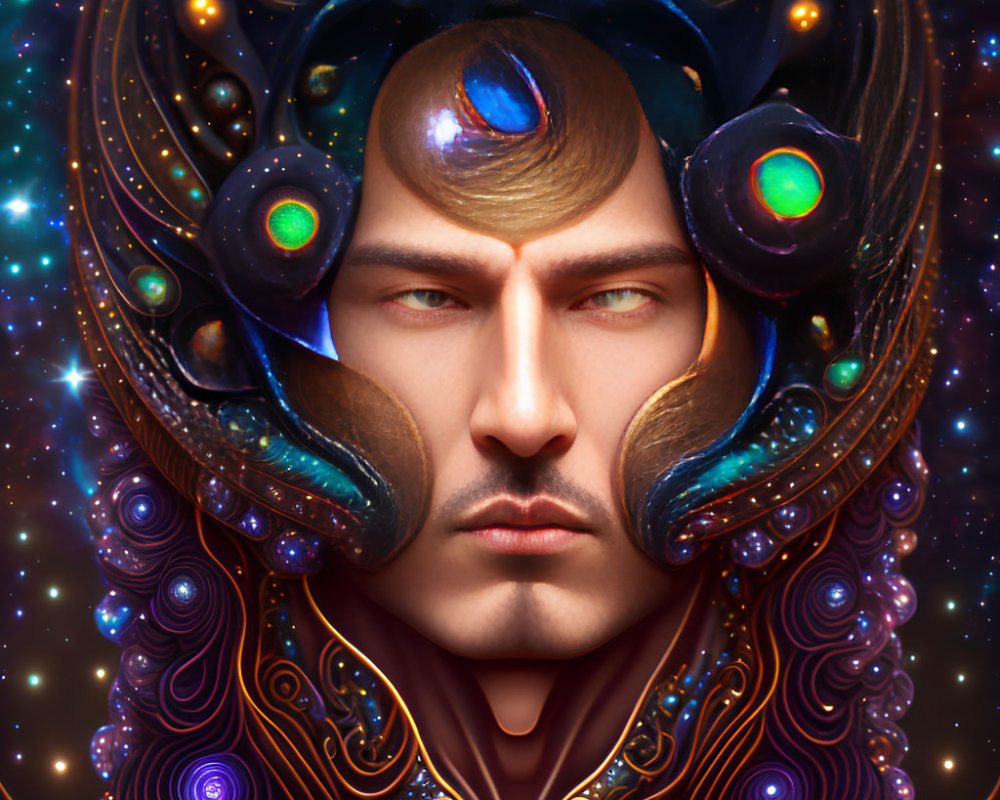 Cosmic-themed digital portrait of a man with mystical headdress