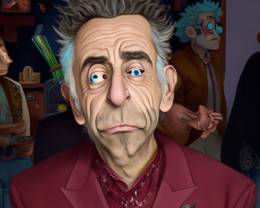 Exaggerated man caricature with blue hair and red suit
