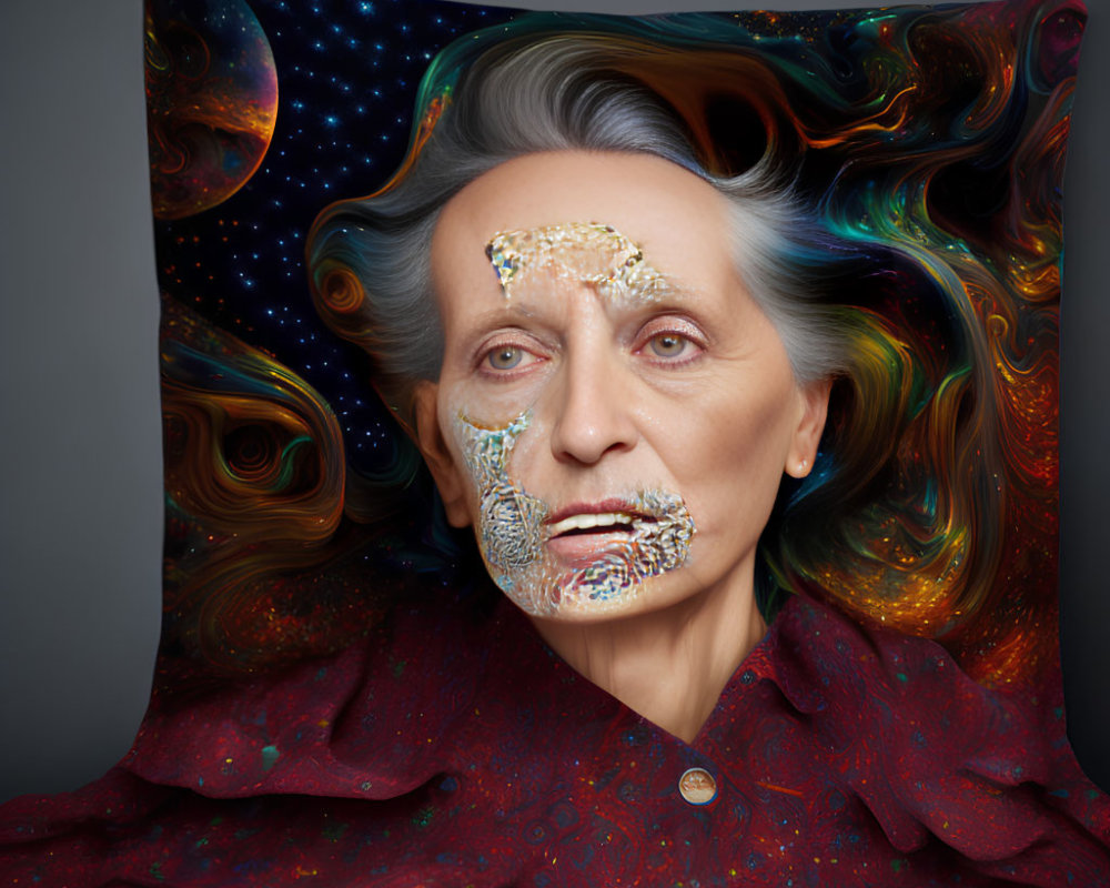 Elderly woman with cosmic face patterns and abstract space background.