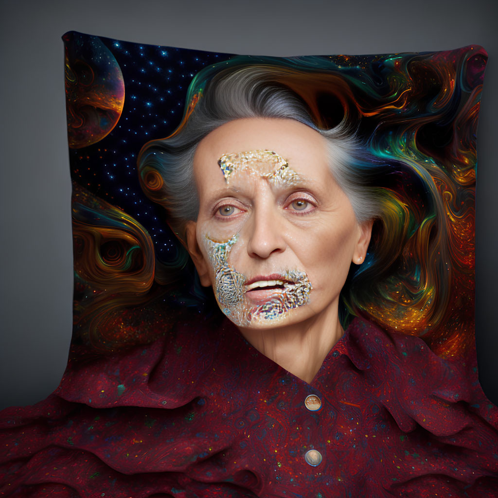 Elderly woman with cosmic face patterns and abstract space background.