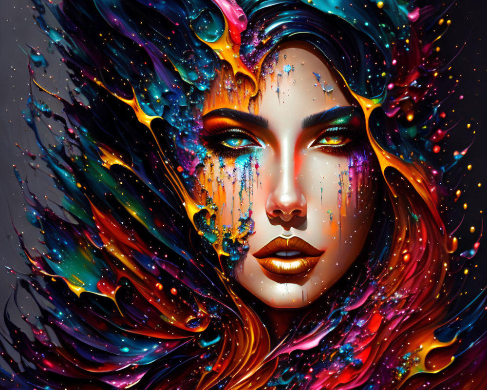 Colorful digital portrait of a woman with swirling paint and liquid forms