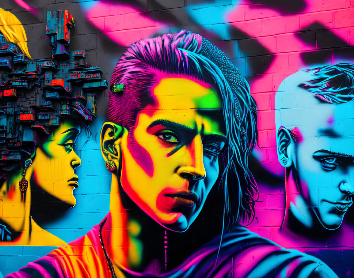 Colorful street art mural with stylized faces on graffiti wall