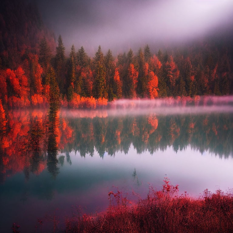 Autumn-colored trees reflected in tranquil lake with mystical pink and purple hues