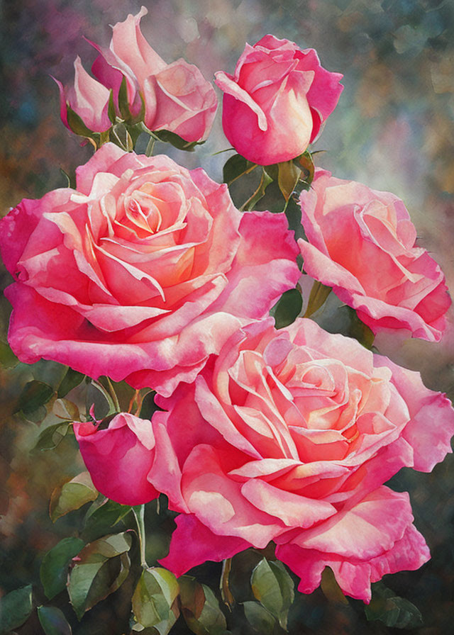 Colorful Painting of Pink Roses on Textured Background