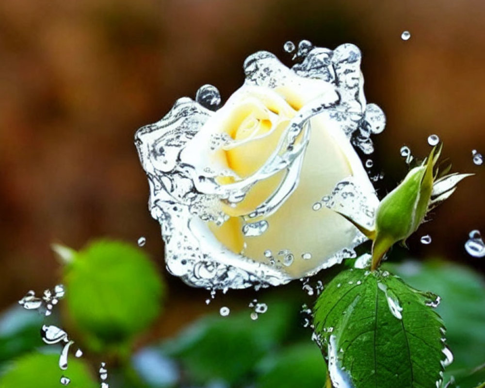 Pale Yellow Rose with Water Droplets on Blurred Earthy Background