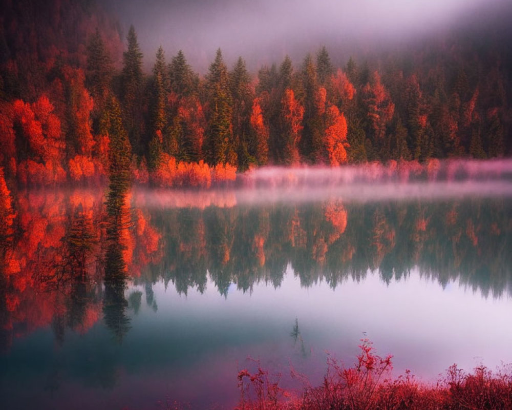 Autumn-colored trees reflected in tranquil lake with mystical pink and purple hues