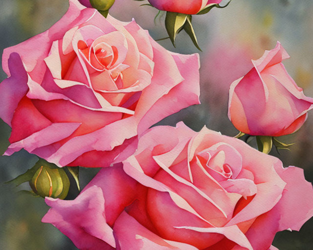 Vibrant pink roses in watercolor against textured grey background