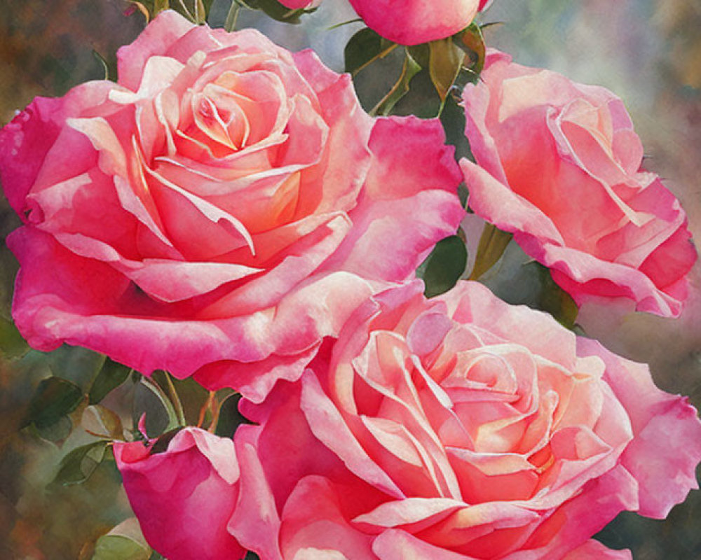 Colorful Painting of Pink Roses on Textured Background