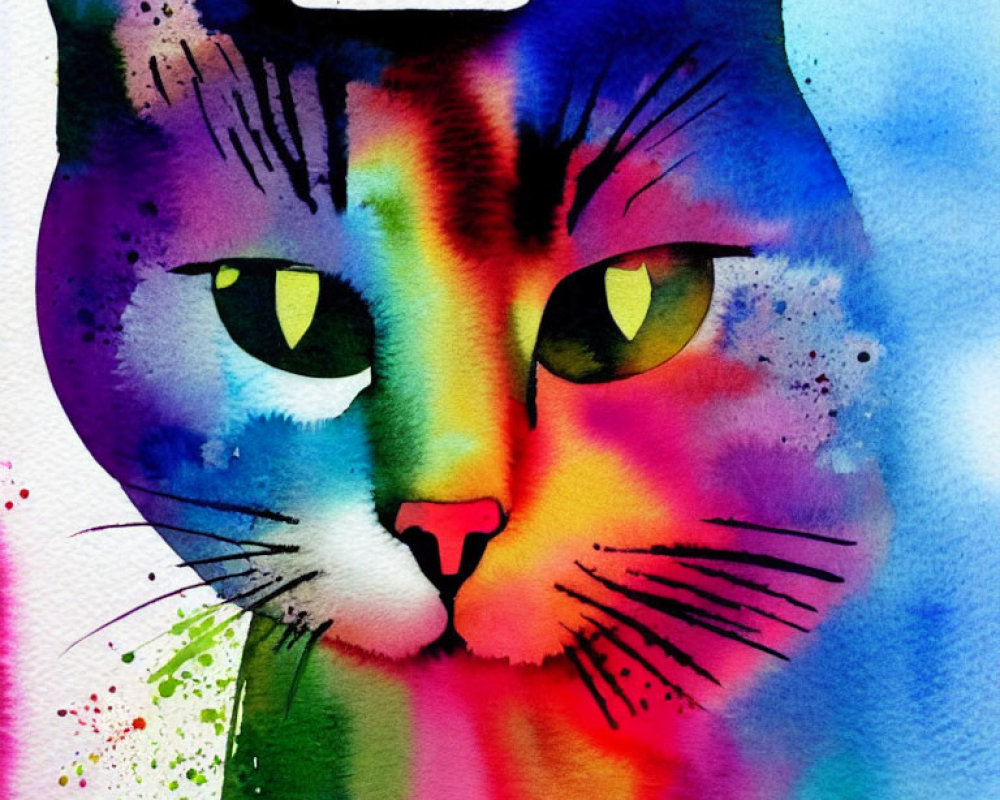 Colorful Watercolor Painting of a Cat's Face
