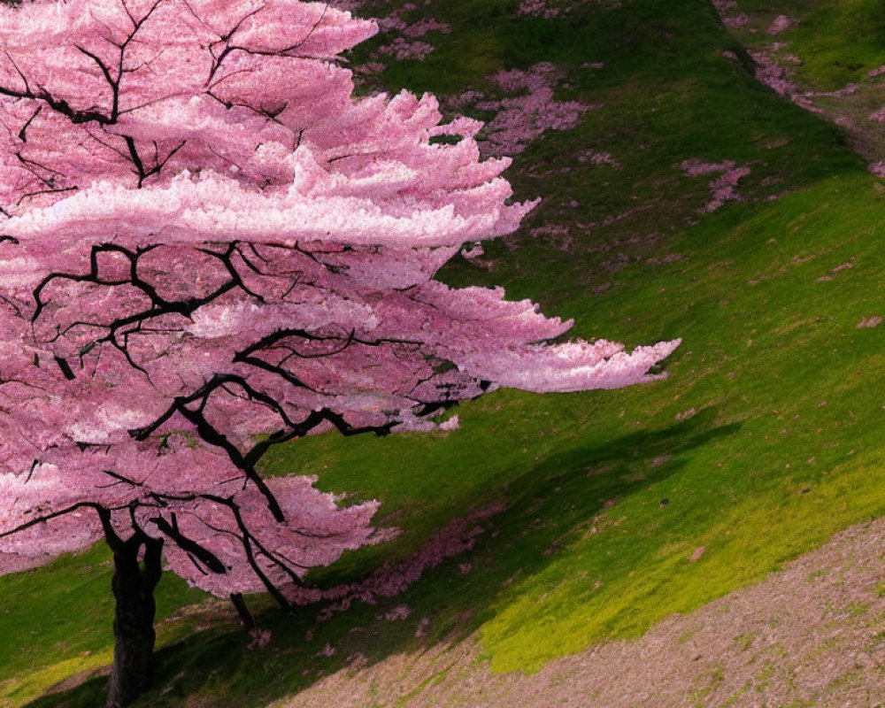 Blooming pink cherry blossom tree on green grassy slope