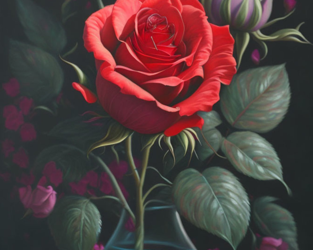 Red Rose in Full Bloom with Bud in Blue Vase on Dark Background