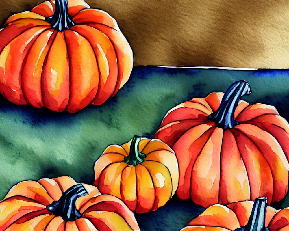 Colorful Watercolor Painting of Assorted Pumpkins on Dual-Toned Background