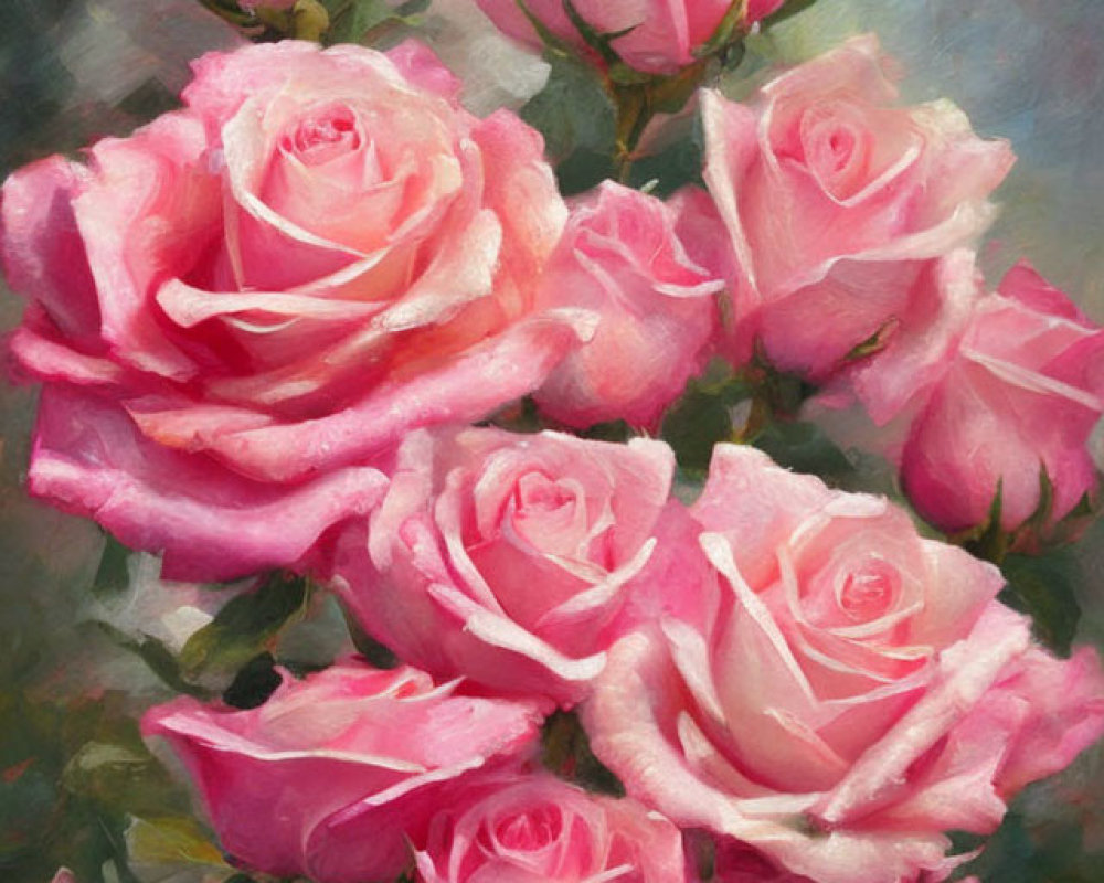 Pink Roses Bouquet Painting on Textured Grey Background