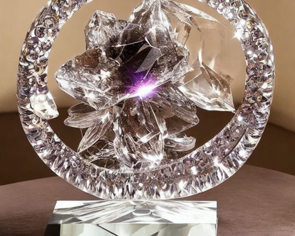 Crystal flower sculpture with faceted ring on rectangular base