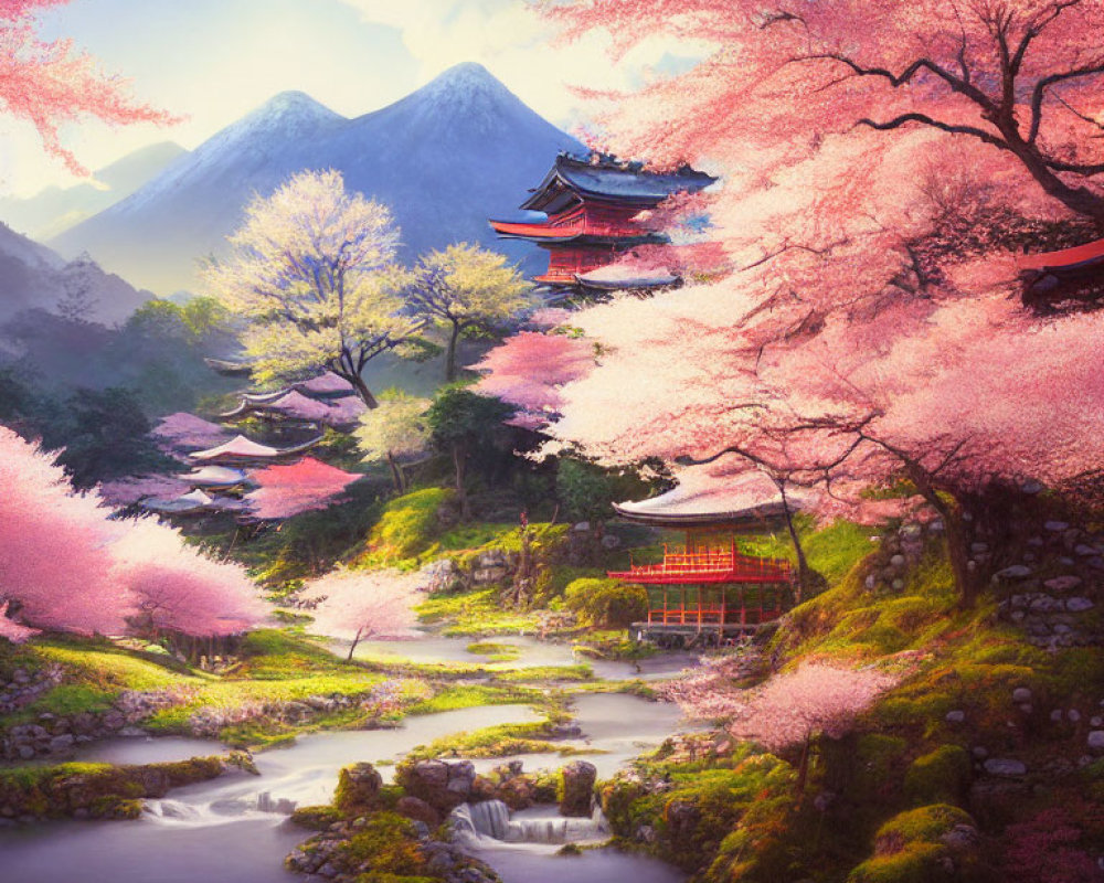 Cherry Blossoms in Full Bloom by Stream with Red Shrine and Misty Mountains