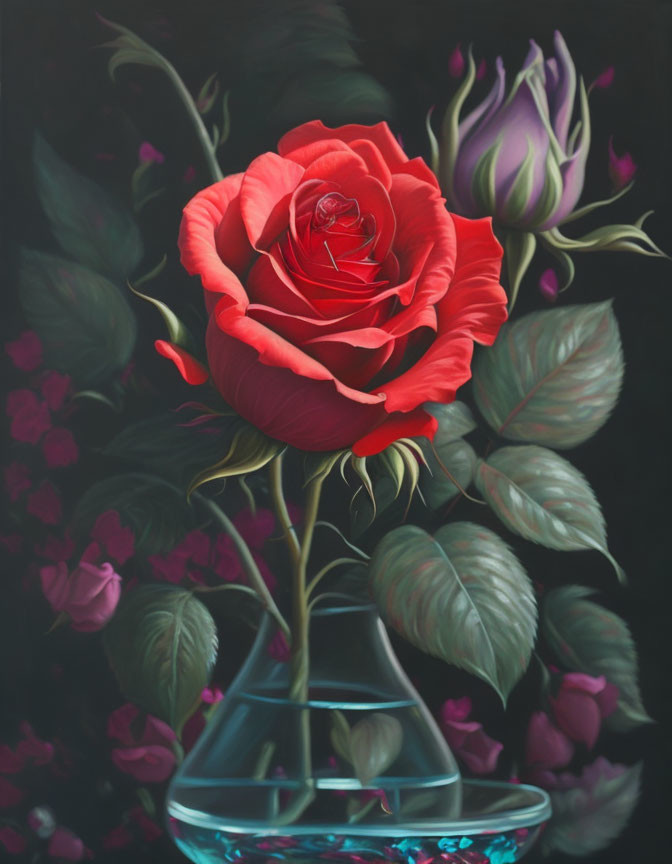 Red Rose in Full Bloom with Bud in Blue Vase on Dark Background