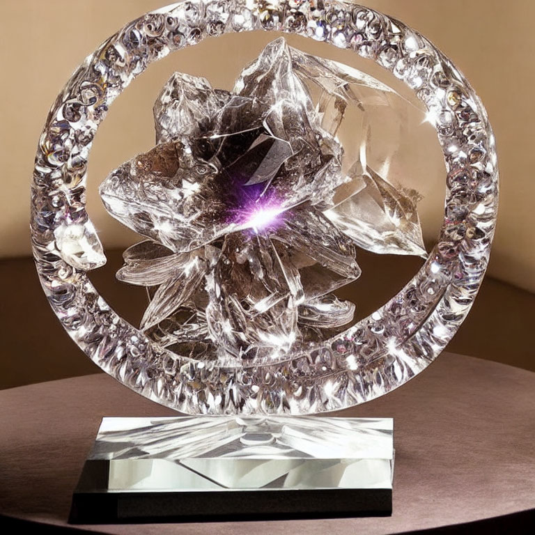 Crystal flower sculpture with faceted ring on rectangular base