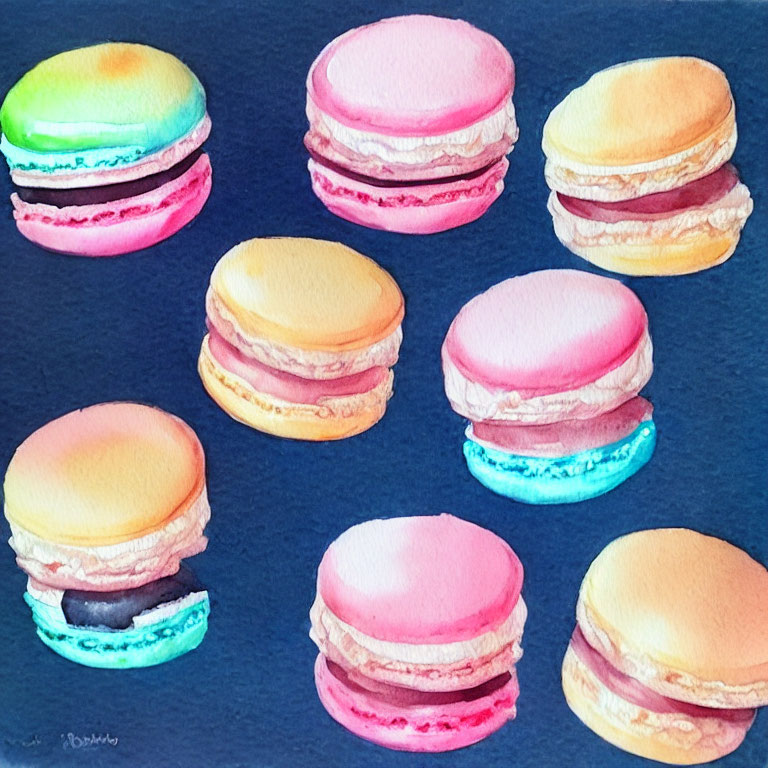 Colorful Macarons Watercolor Painting on Blue Background