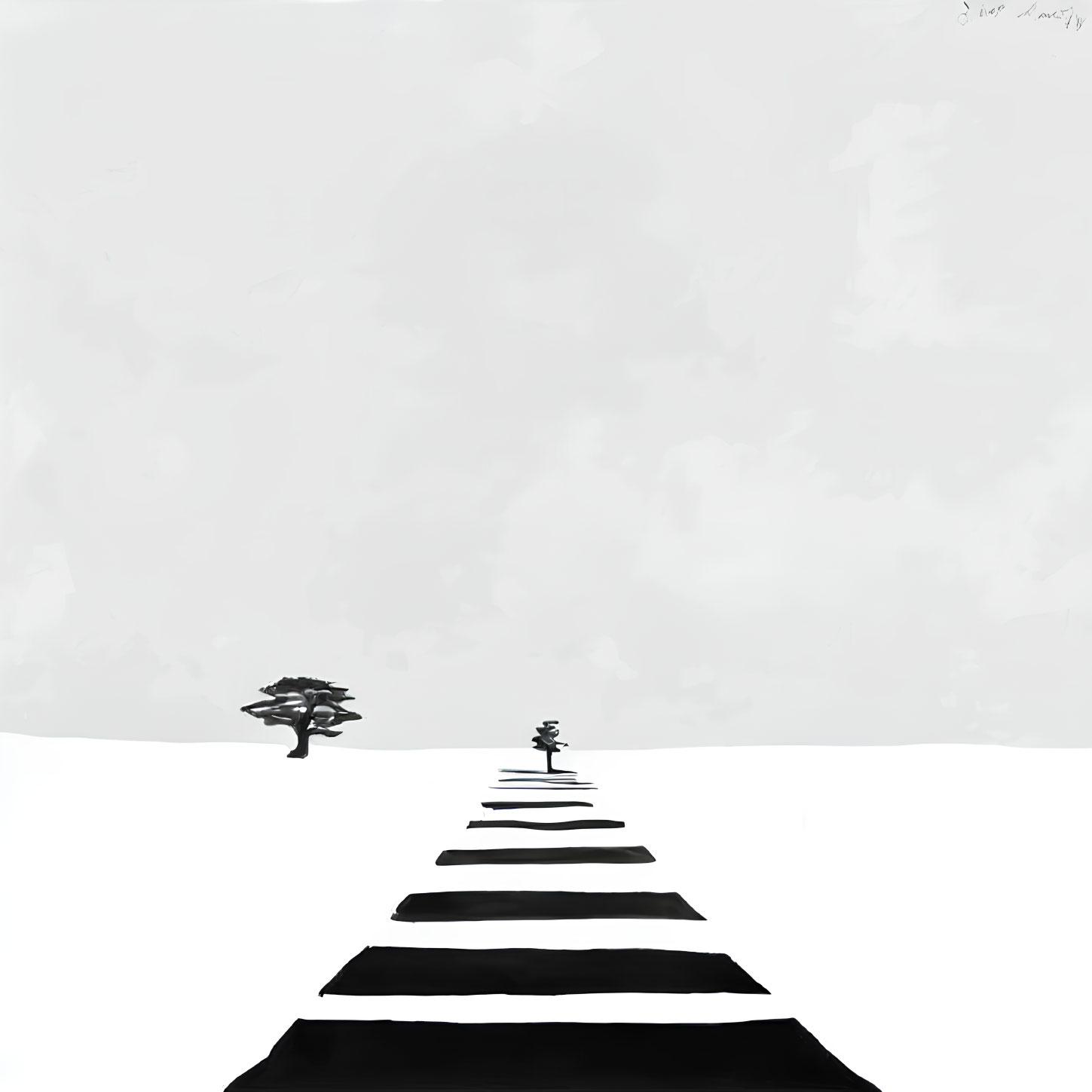 Monochrome minimalist artwork of tree and figure on shadowed path