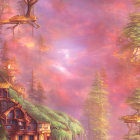 Pink-hued landscape with treehouse, forest, mist, mountains, and moon