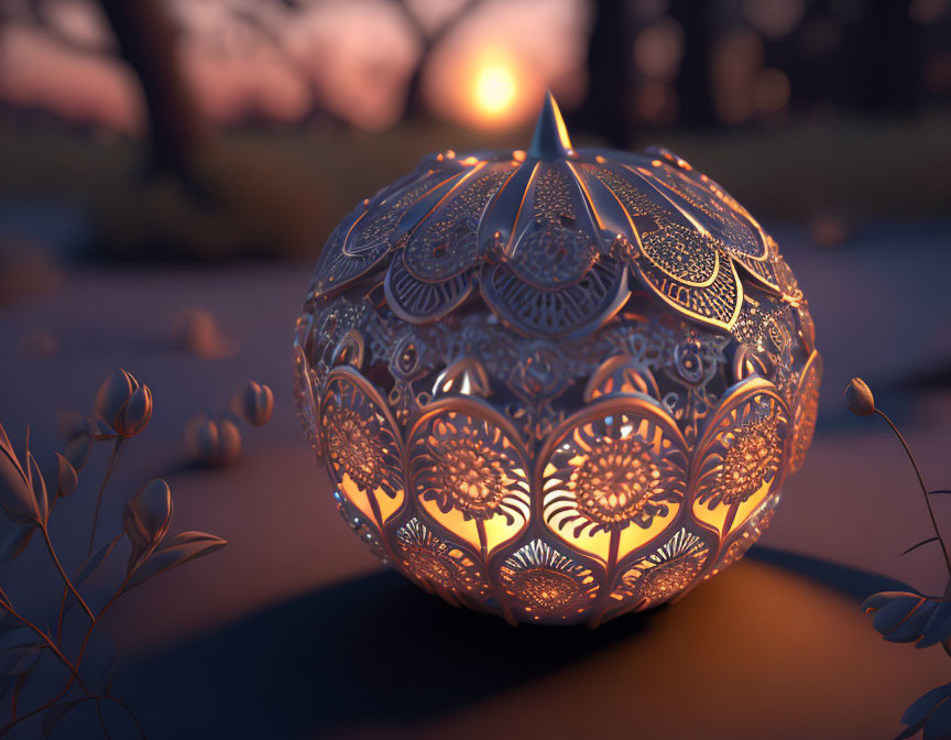 Patterned spherical lamp glowing at dusk with silhouetted trees against sunset