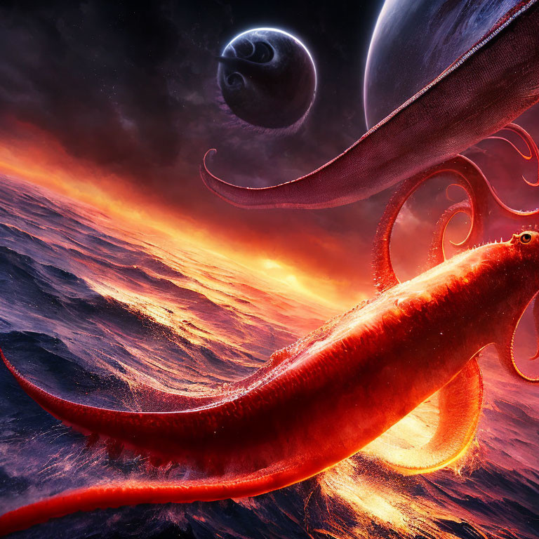 Giant Red Squid Gliding Over Fiery Waves with Cosmic Planets