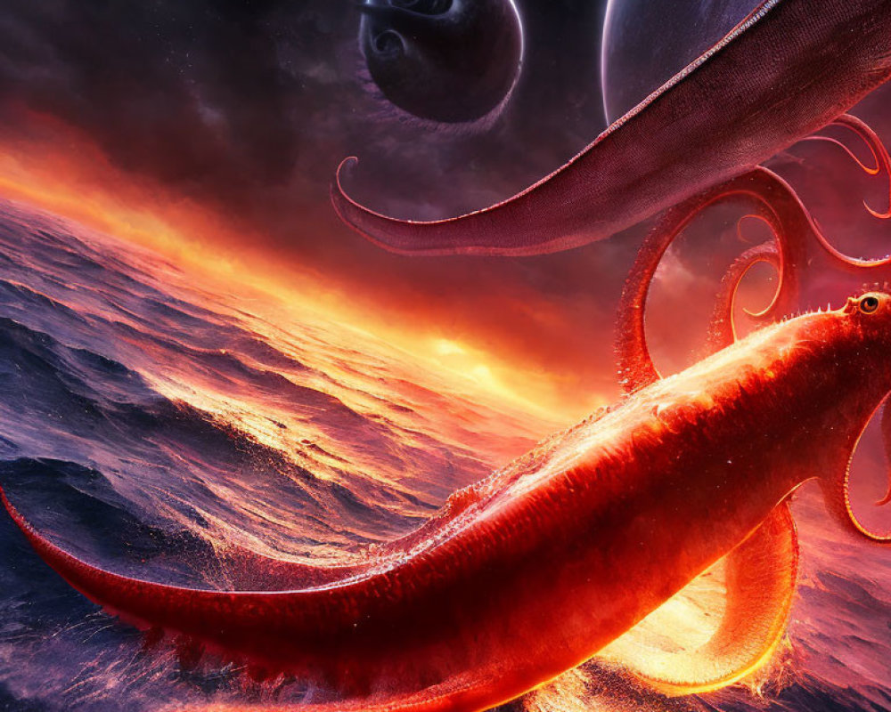 Giant Red Squid Gliding Over Fiery Waves with Cosmic Planets