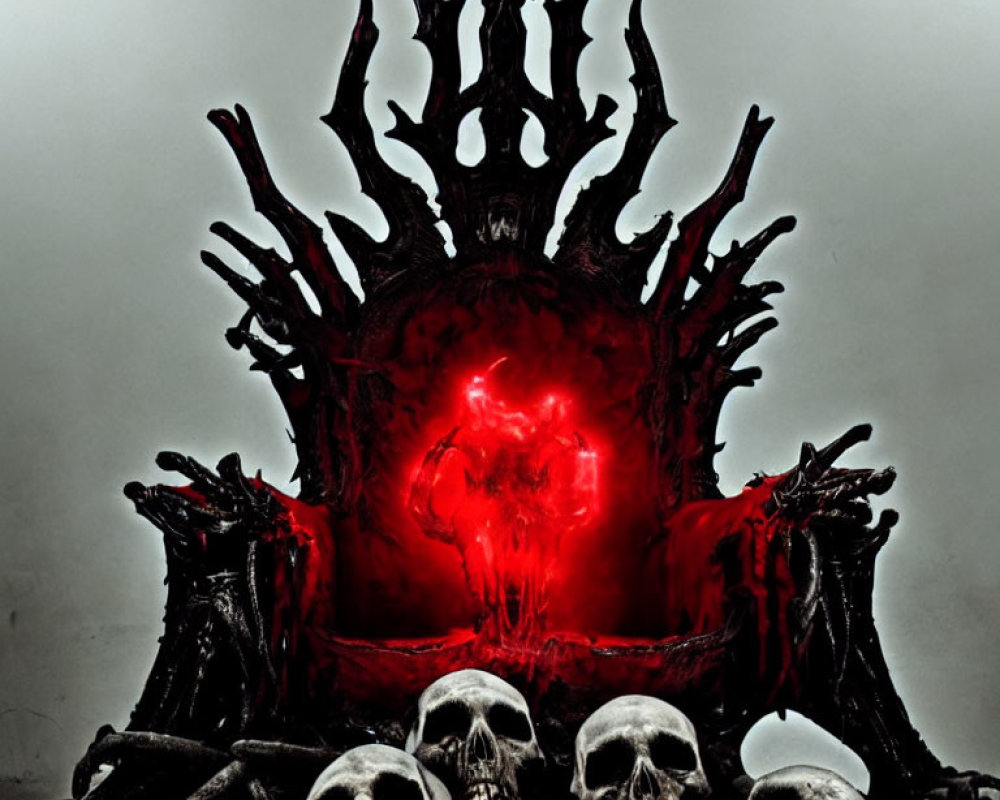 Dark throne with skulls and menacing figures in eerie red glow.