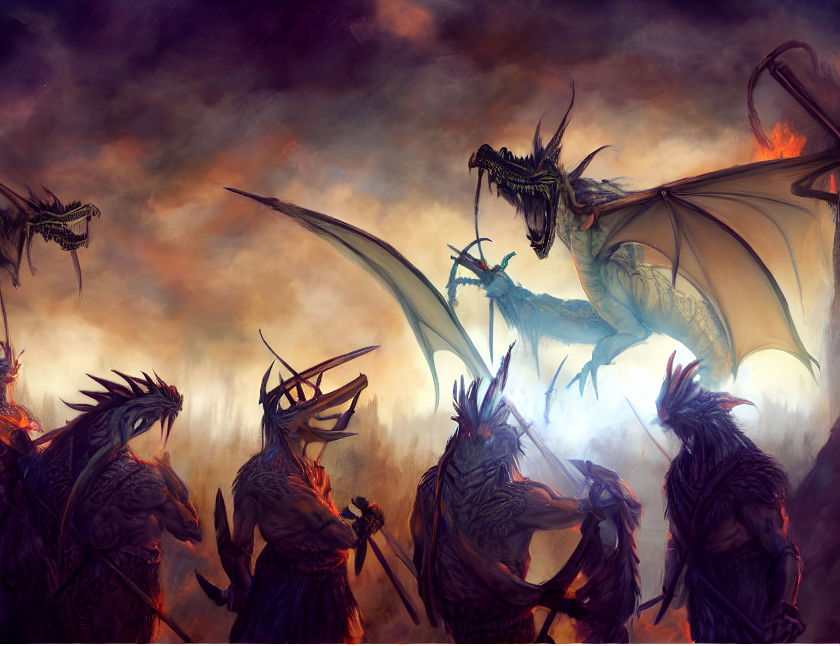Fearsome dragons in epic fantasy scene with fiery sky