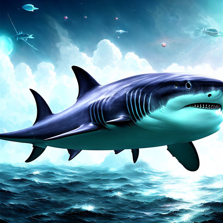 Digital artwork: Shark in futuristic underwater scene with submarines & space-like backdrop