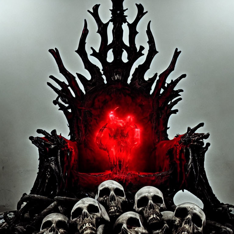 Dark throne with skulls and menacing figures in eerie red glow.