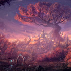 Mystical forest with purple and pink hues and rays of light filtering through dense trees
