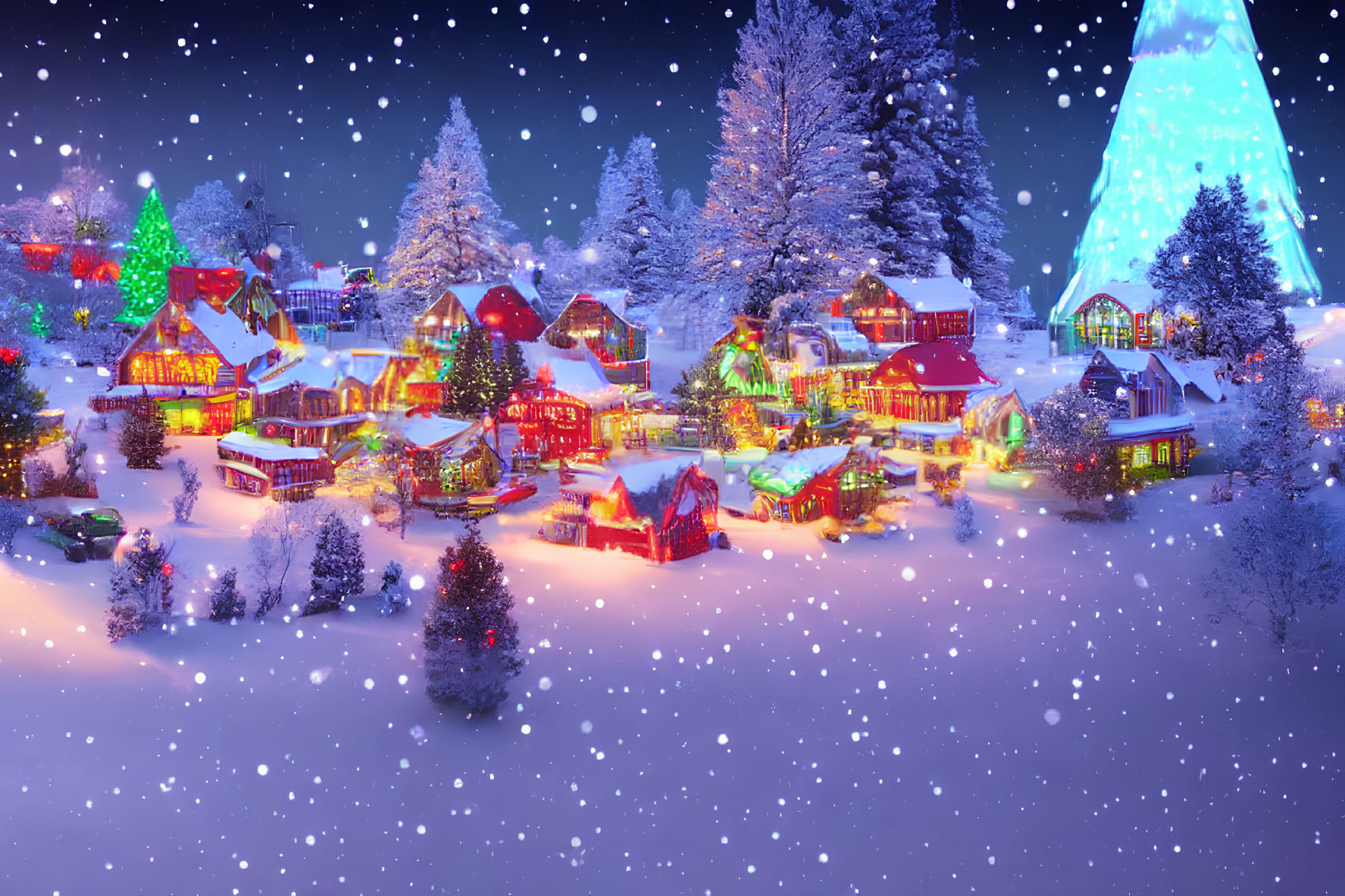 Colorful snowy village with illuminated houses and Christmas tree at night