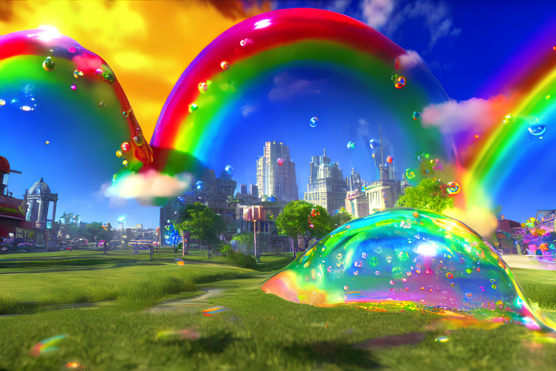 Colorful cityscape with giant bubbles and rainbow in clear sky