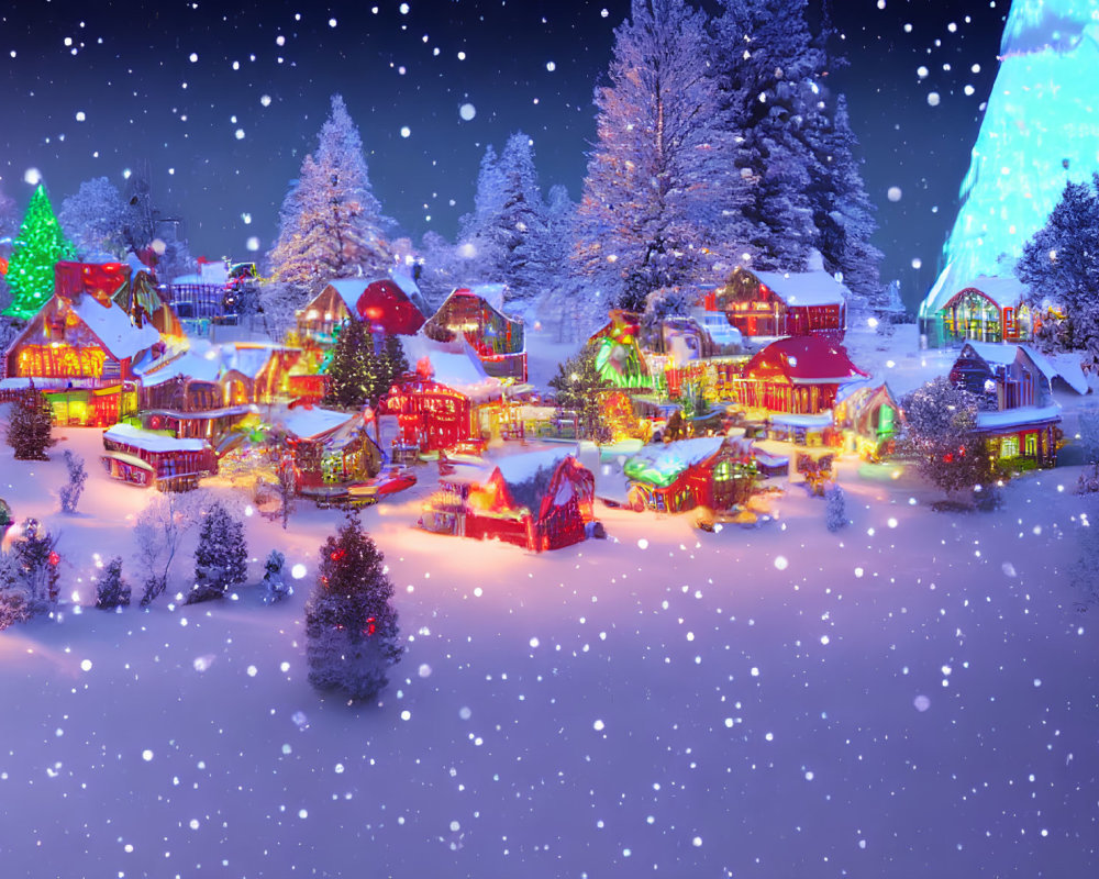 Colorful snowy village with illuminated houses and Christmas tree at night